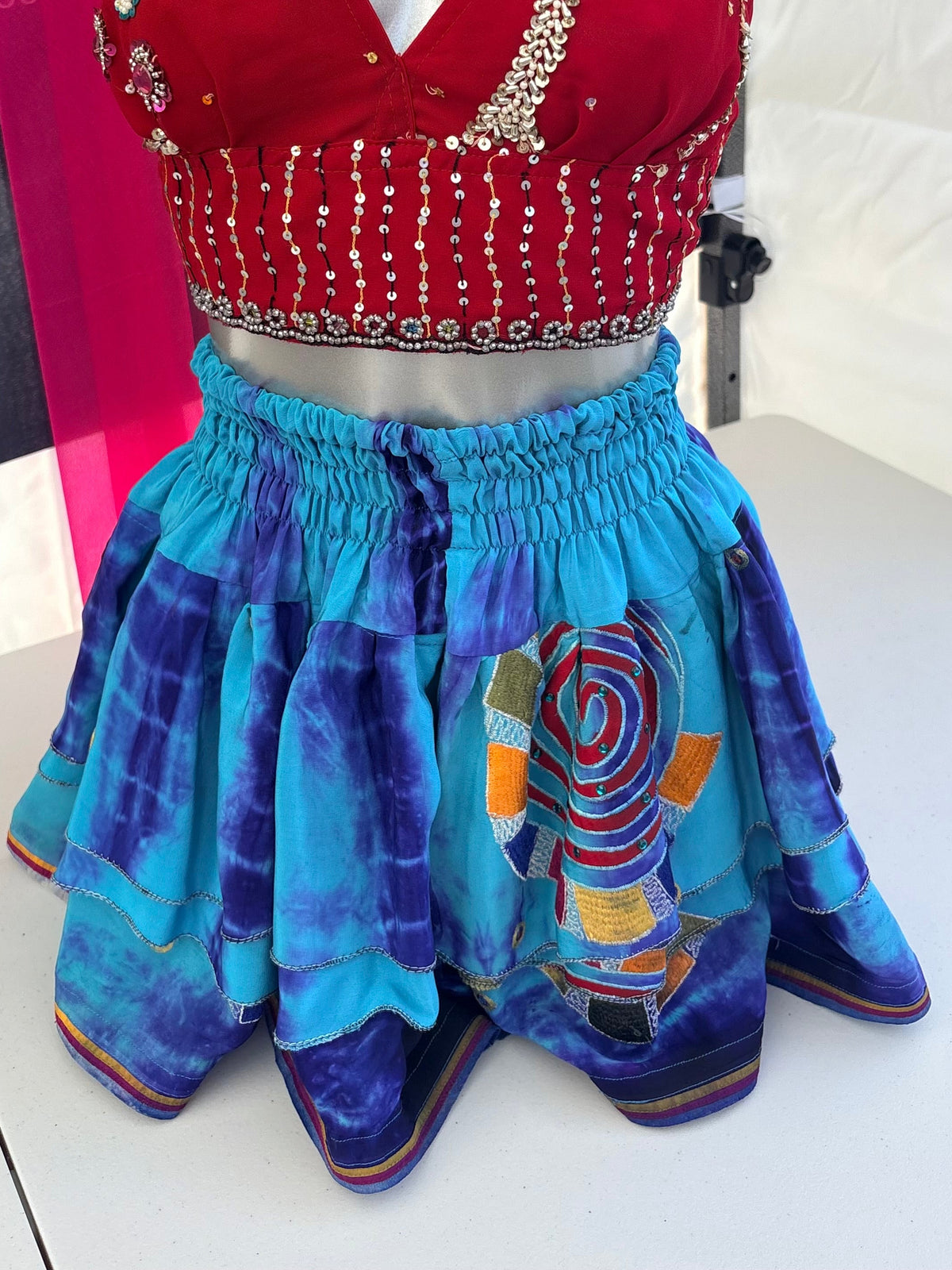 Blue embroidered tie-dye skirt