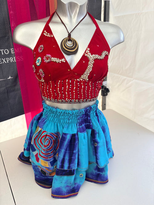 Blue embroidered tie-dye skirt
