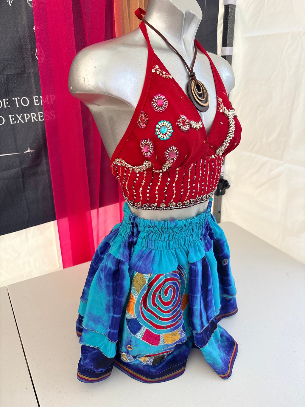 Blue embroidered tie-dye skirt